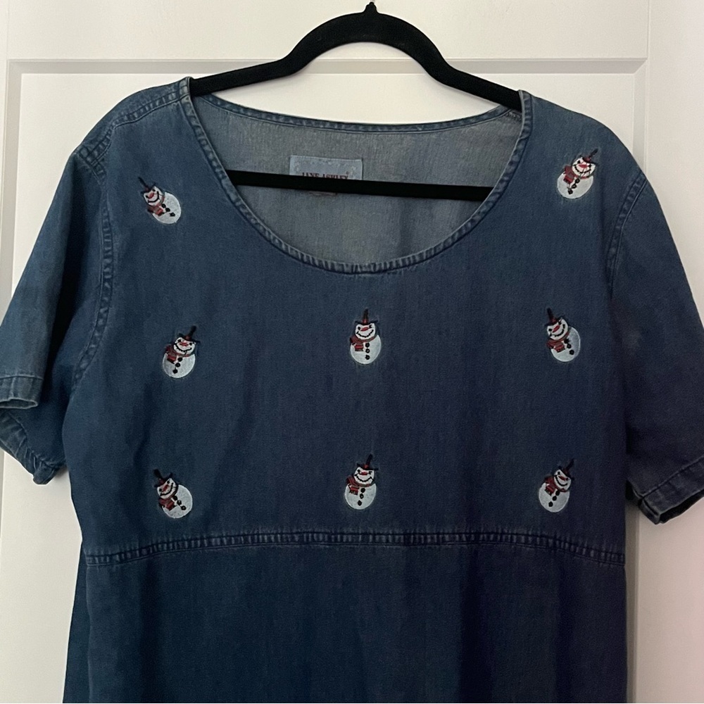 Vintage 80s/90s Jane Ashley Denim Snowman Embroidered Maxi Dress